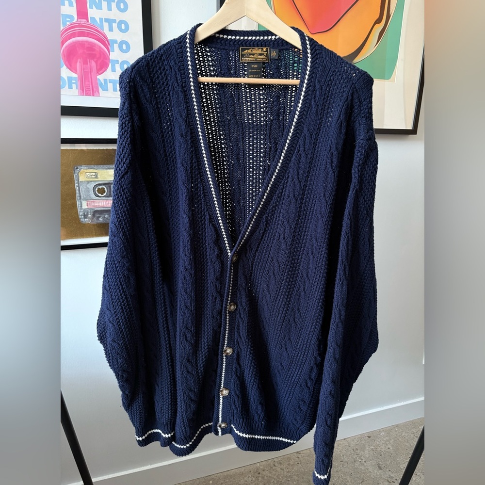 Eddie Bauer VTG Cable Knit Cardigan Sweater Blue/White XL Oversized Made In USA